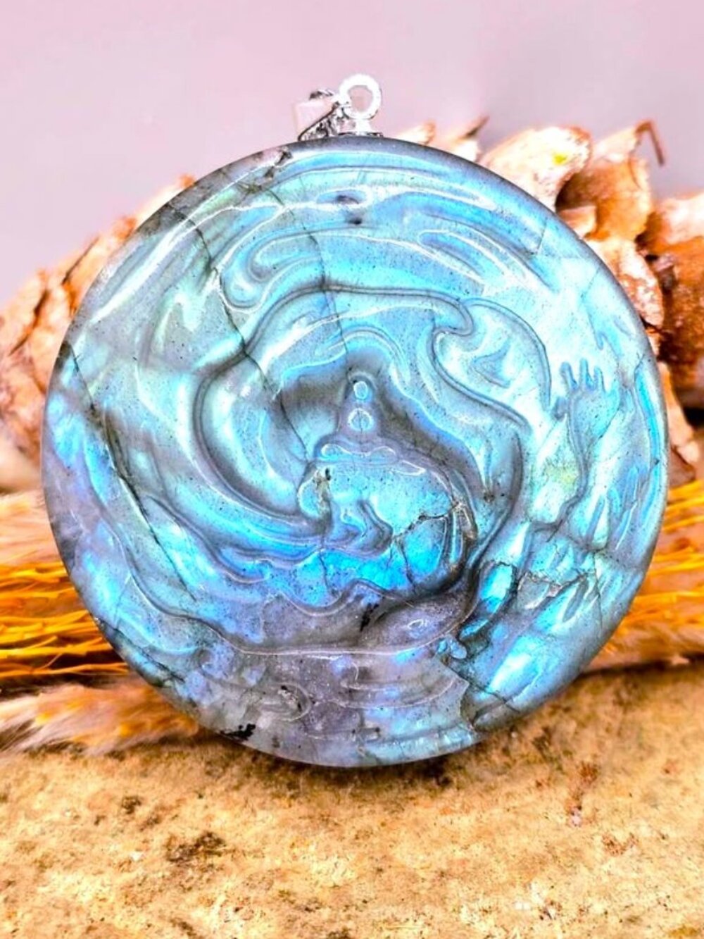 Labradorite Meditation Cliff Carved Pendant Flashy Crystal Necklace 1.5 Inch
